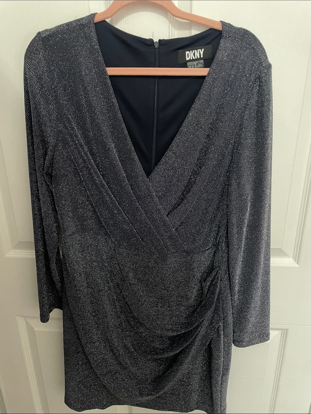 DKNY Metallic Charcoal Wrap-Front Long-Sleeve Dress